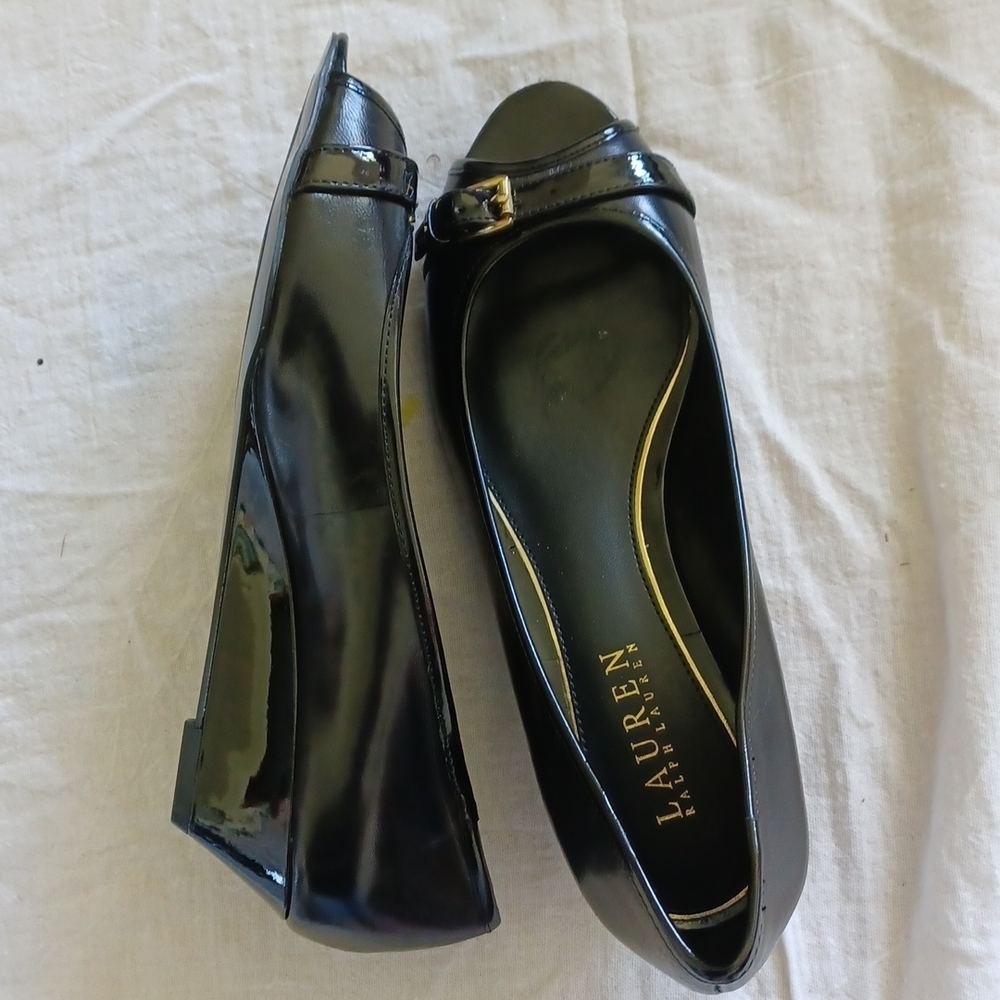 Lauren Ralph Lauren Black Patent Wedge Sandals